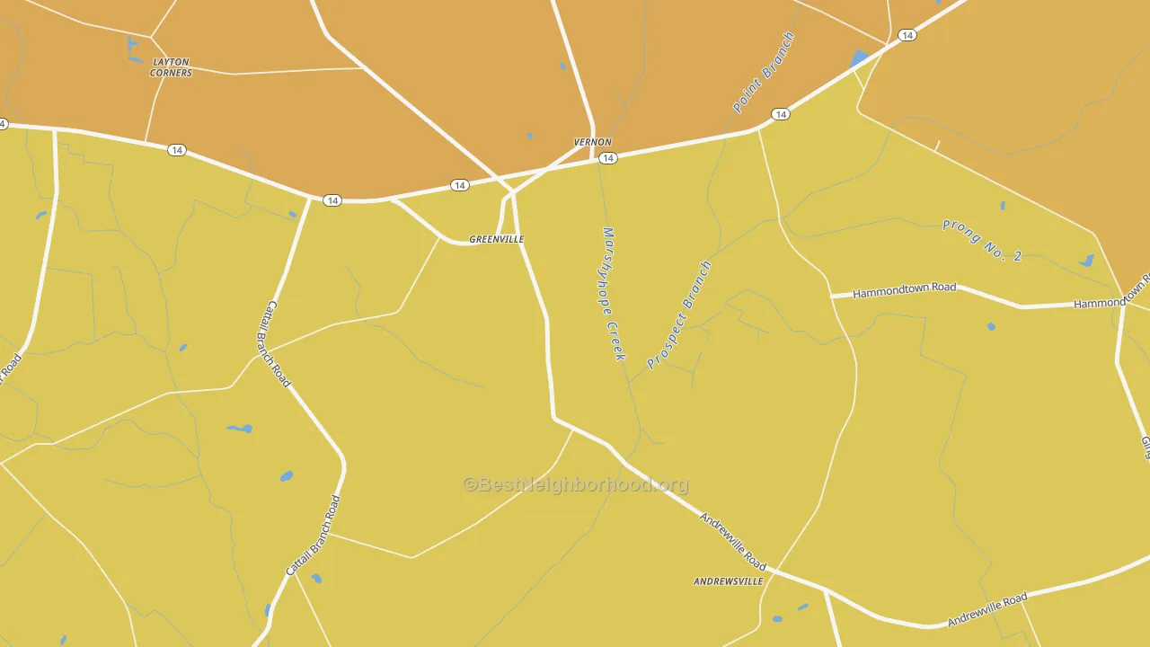 Map of the best neighborhoods in the Vernon area, with better matches in green and worse matches in red