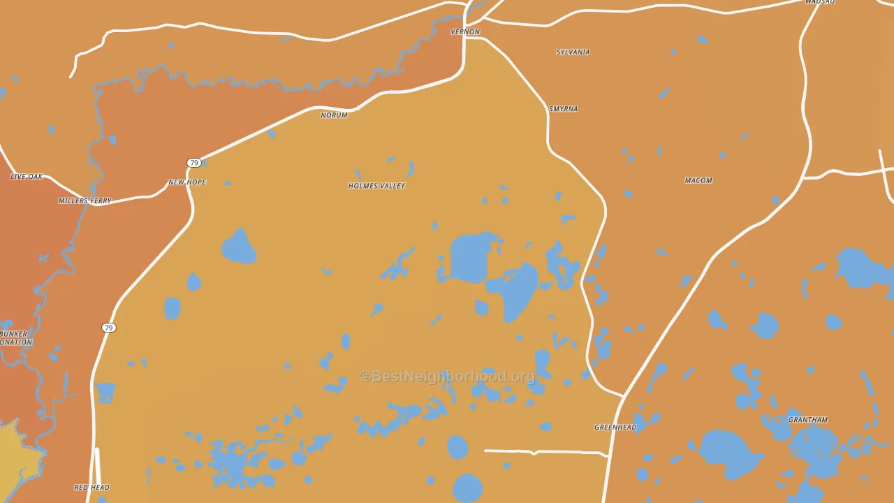 Map of the best neighborhoods in the Vernon area, with better matches in green and worse matches in red