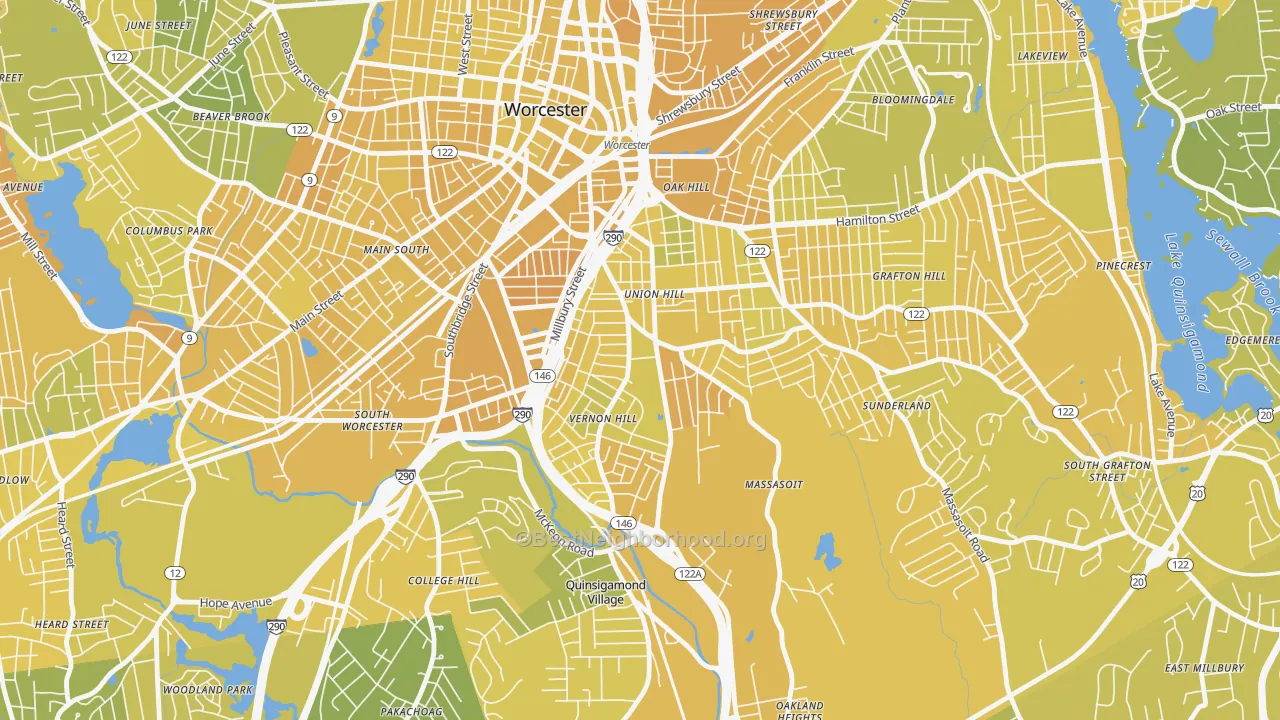 Map of the best neighborhoods in the Vernon Hill, Worcester area, with better matches in green and worse matches in red