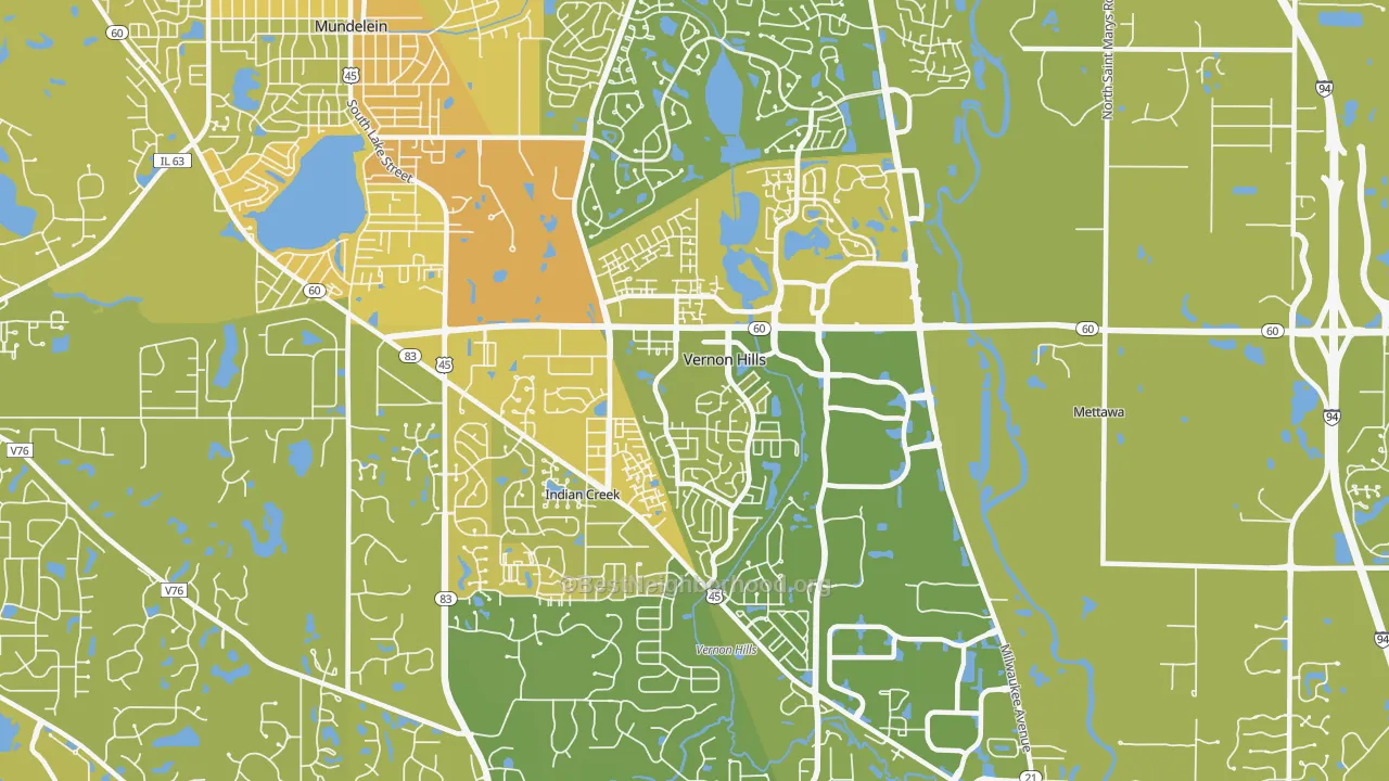 Map of the best neighborhoods in the Vernon Hills area, with better matches in green and worse matches in red