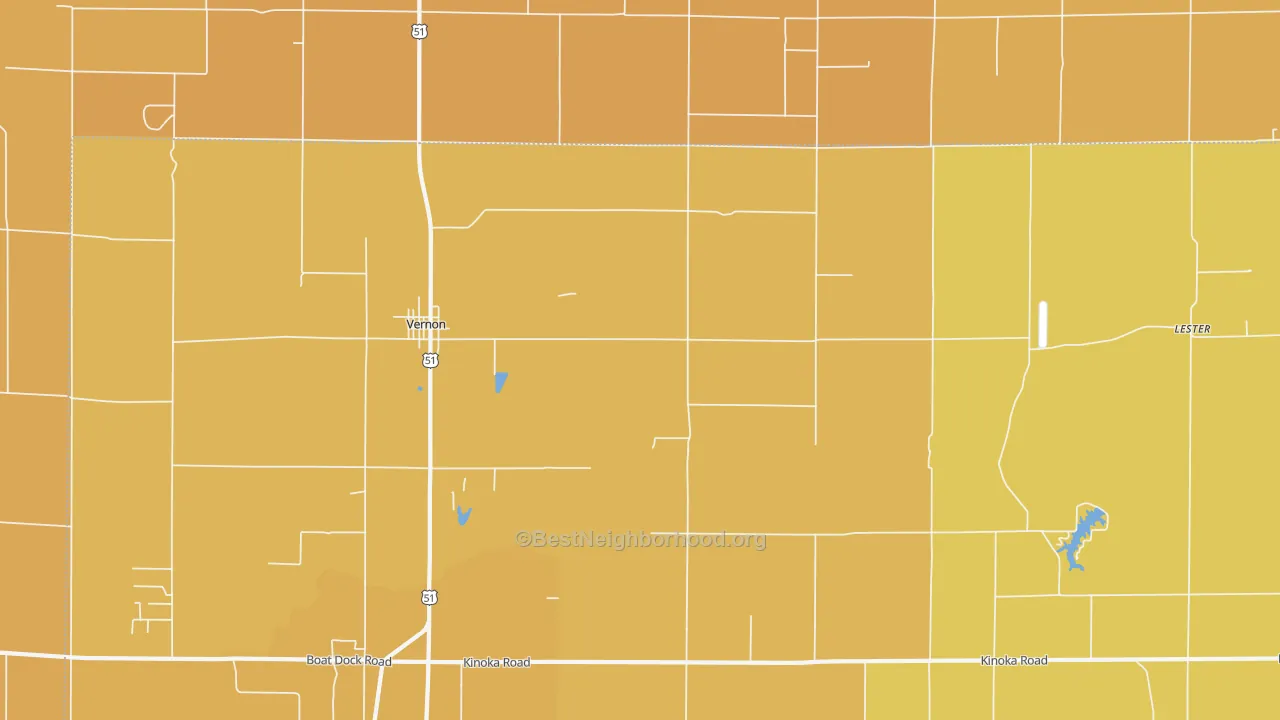 Map of the best neighborhoods in the Vernon area, with better matches in green and worse matches in red