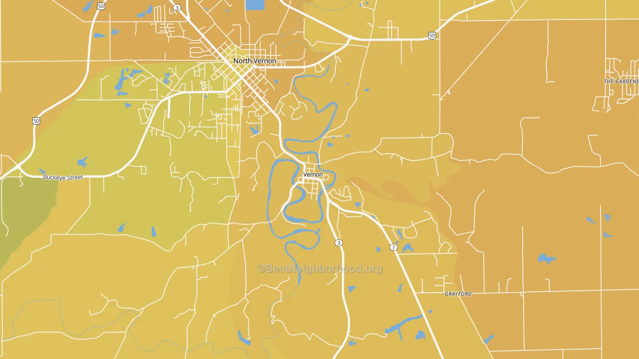 Map of the best neighborhoods in the Vernon area, with better matches in green and worse matches in red