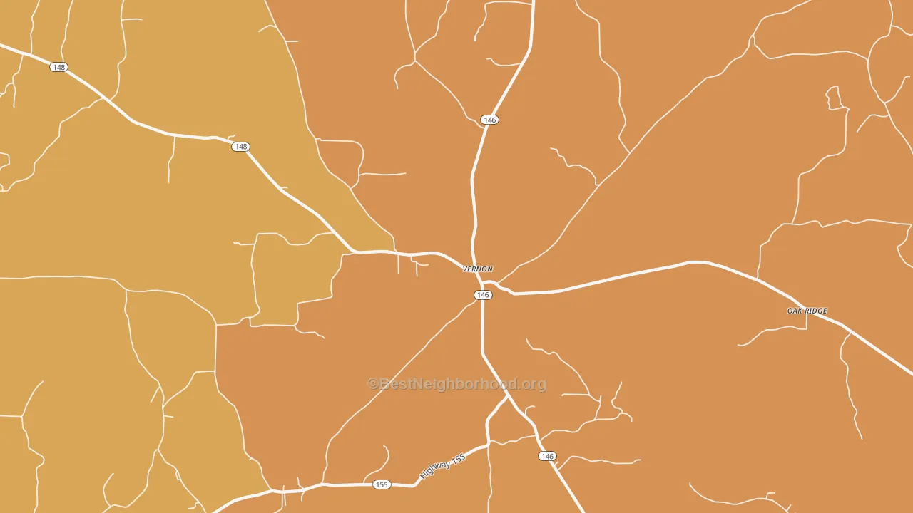 Map of the best neighborhoods in the Vernon area, with better matches in green and worse matches in red