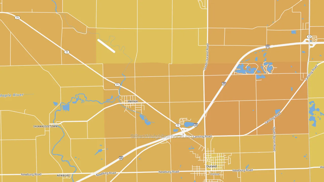 Map of the best neighborhoods in the Vernon area, with better matches in green and worse matches in red