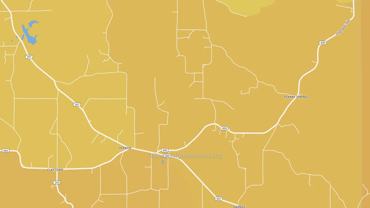 Map of the best neighborhoods in the Vernon area, with better matches in green and worse matches in red