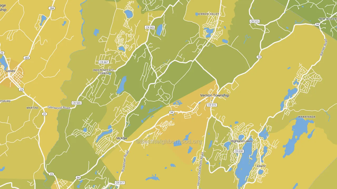 Map of the best neighborhoods in the Vernon area, with better matches in green and worse matches in red