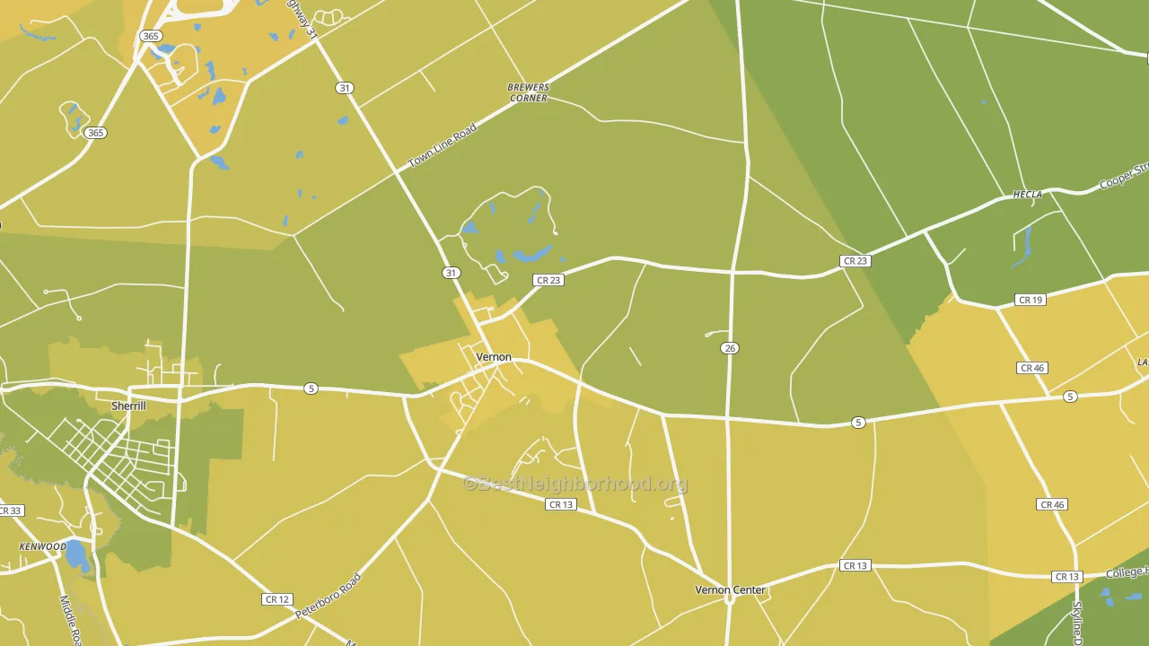 Map of the best neighborhoods in the Vernon area, with better matches in green and worse matches in red