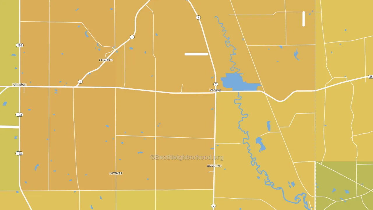 Map of the best neighborhoods in the Vernon area, with better matches in green and worse matches in red