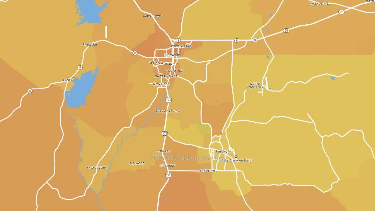 Map of the best neighborhoods in the Vernon Parish area, with better matches in green and worse matches in red