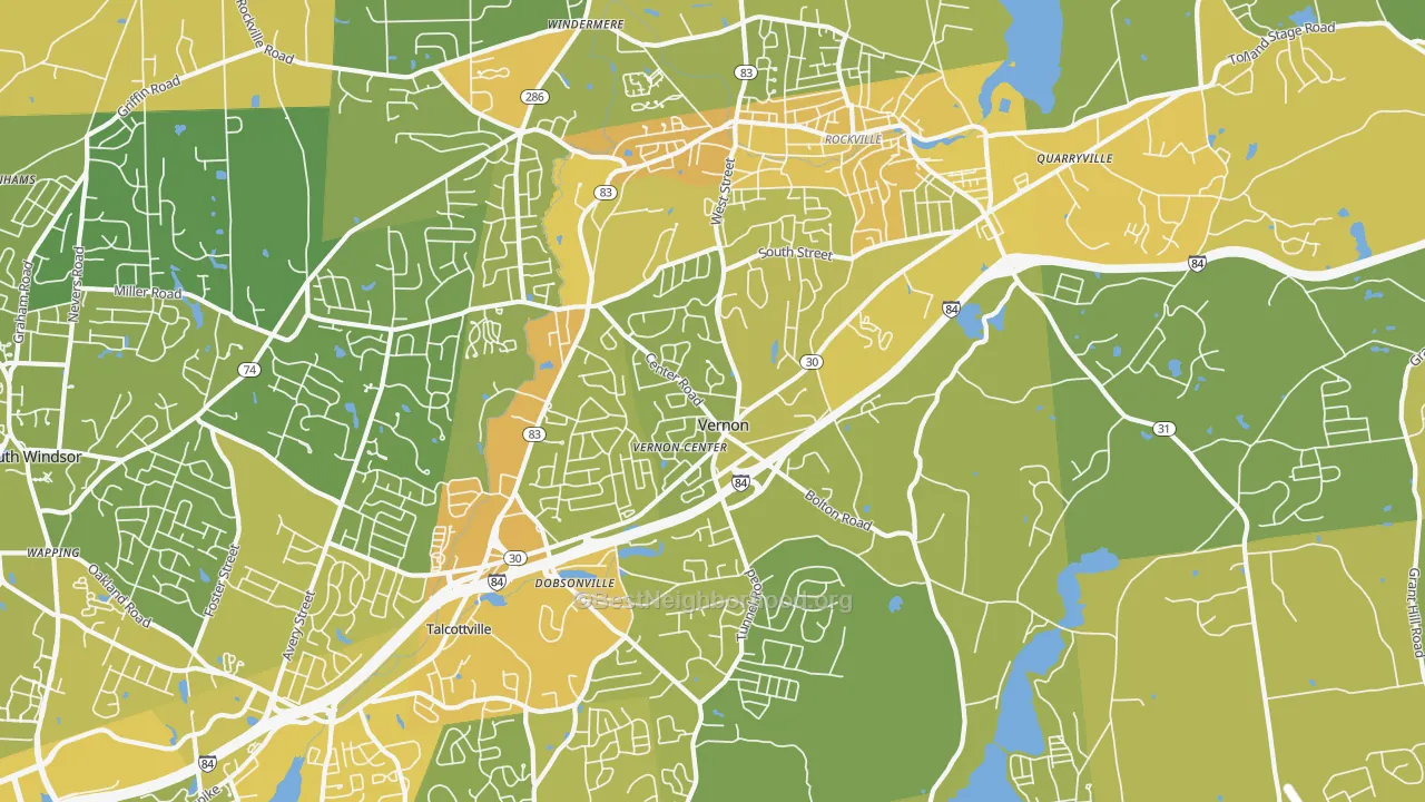 Map of the best neighborhoods in the Vernon-Rockville area, with better matches in green and worse matches in red
