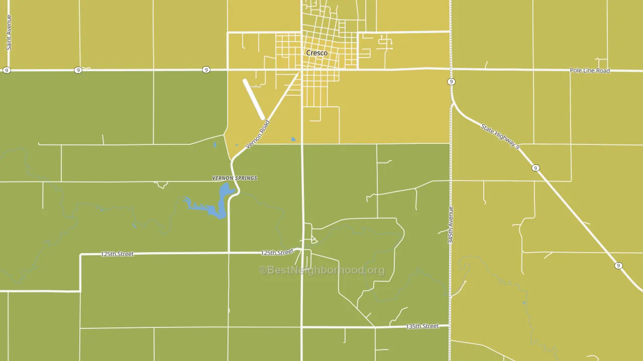 Map of the best neighborhoods in the Vernon Springs area, with better matches in green and worse matches in red