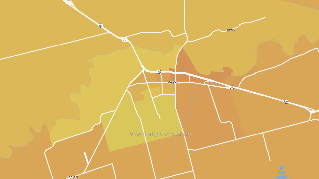Map of the best neighborhoods in the Vernon area, with better matches in green and worse matches in red
