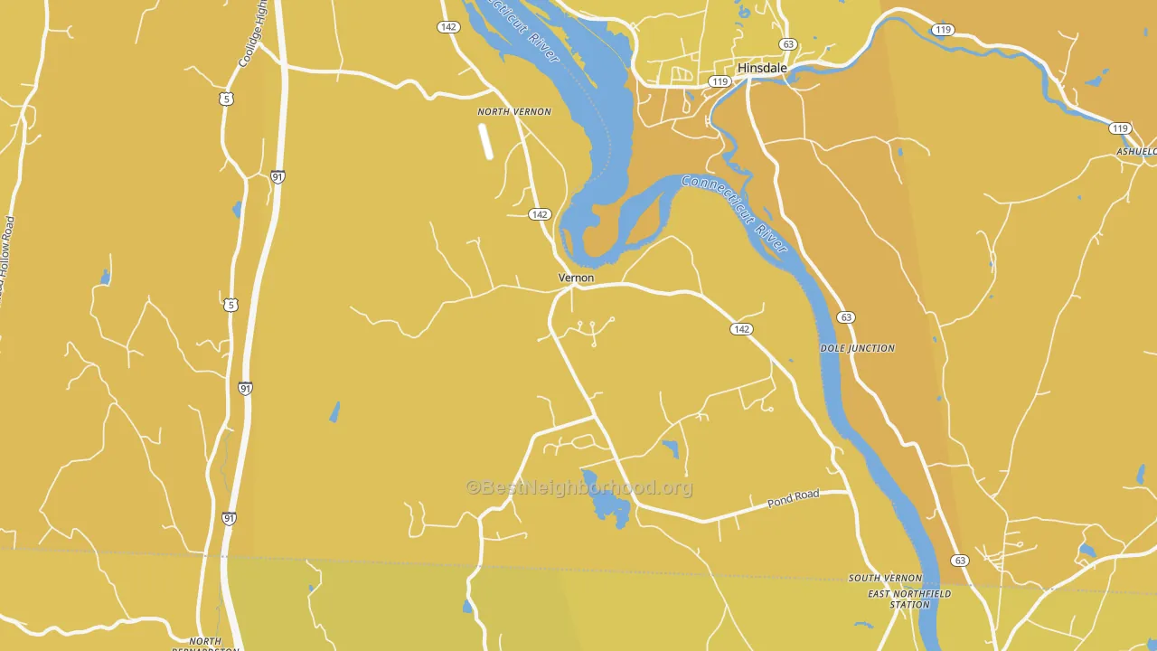 Map of the best neighborhoods in the Vernon area, with better matches in green and worse matches in red