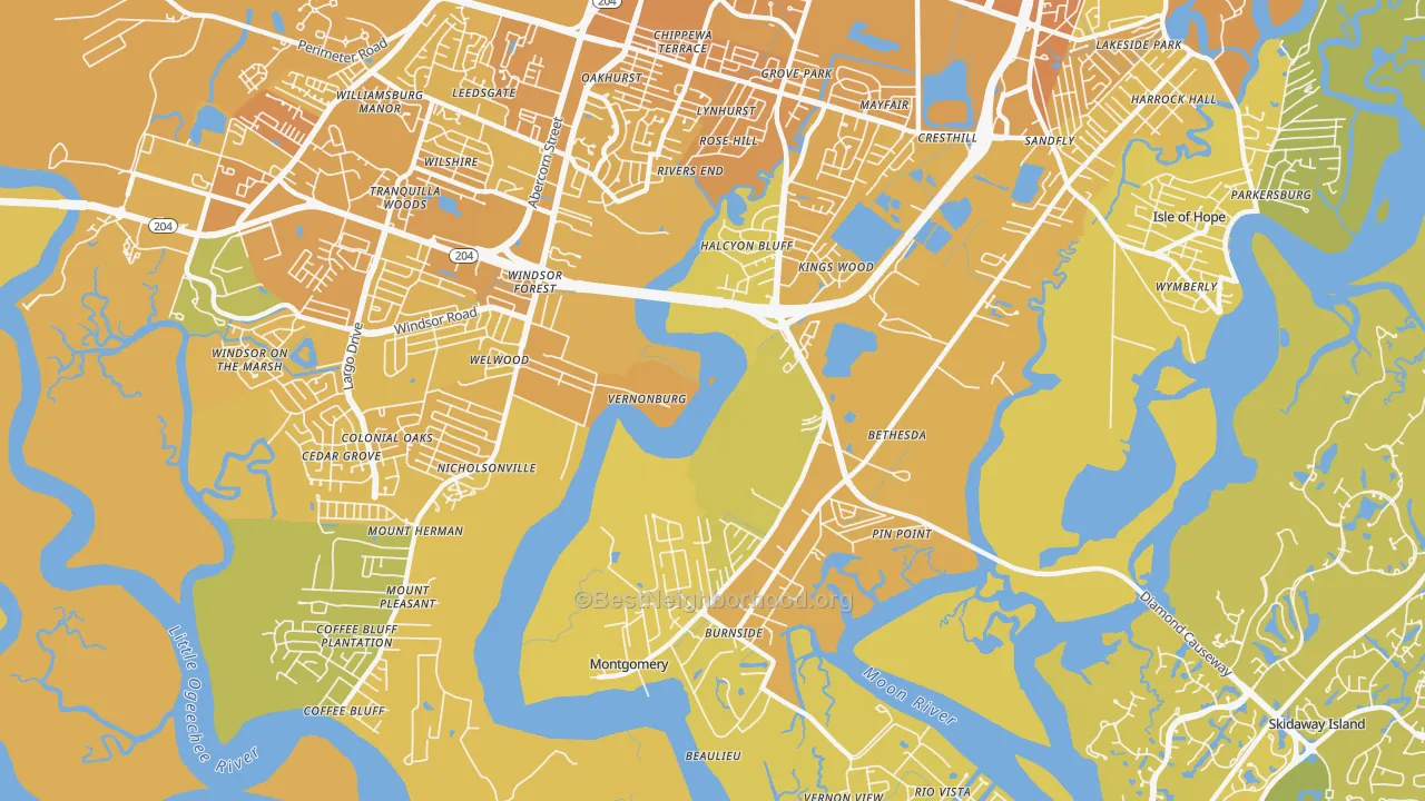 Map of the best neighborhoods in the Vernonburg area, with better matches in green and worse matches in red
