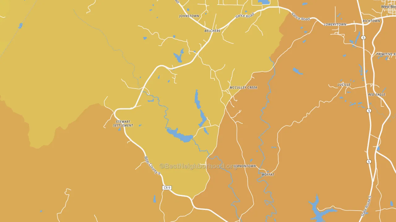 Map of the best neighborhoods in the Vernontown area, with better matches in green and worse matches in red