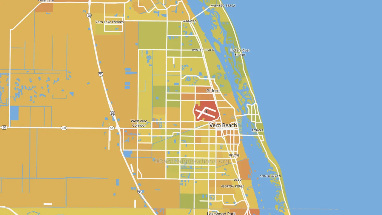Map of the best neighborhoods in the Vero Beach area, with better matches in green and worse matches in red