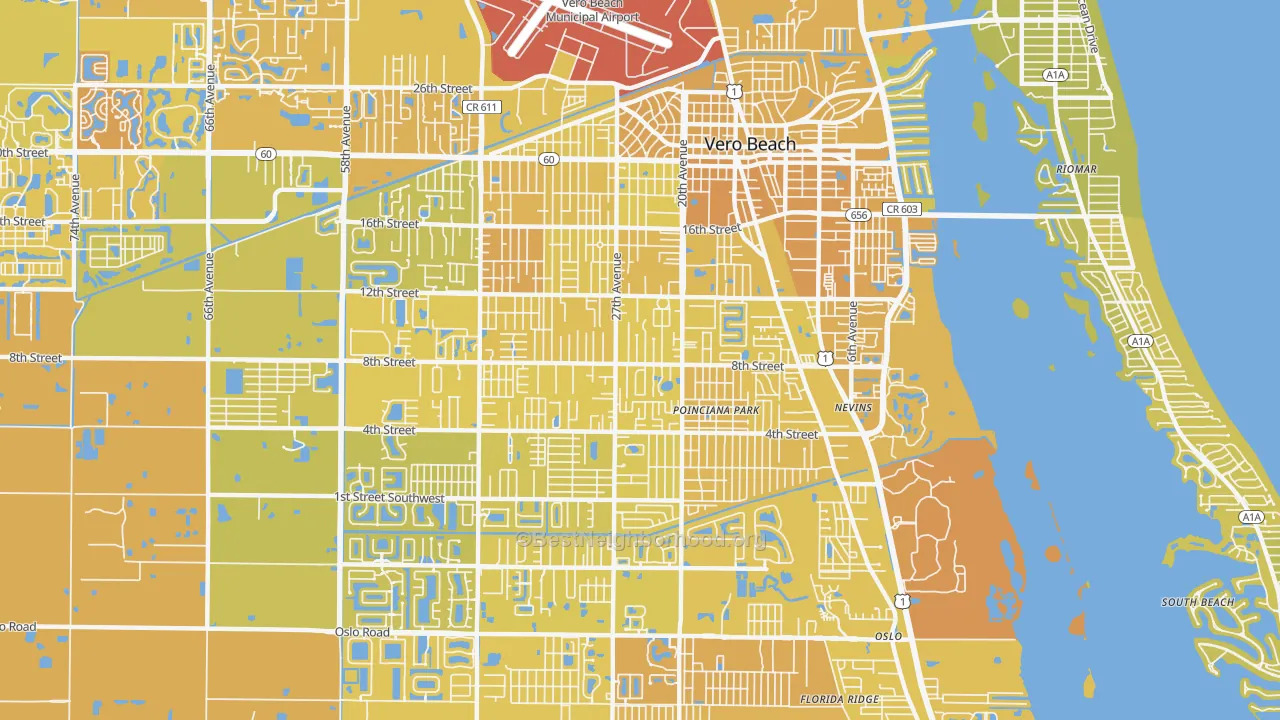 Map of the best neighborhoods in the Vero Beach South area, with better matches in green and worse matches in red