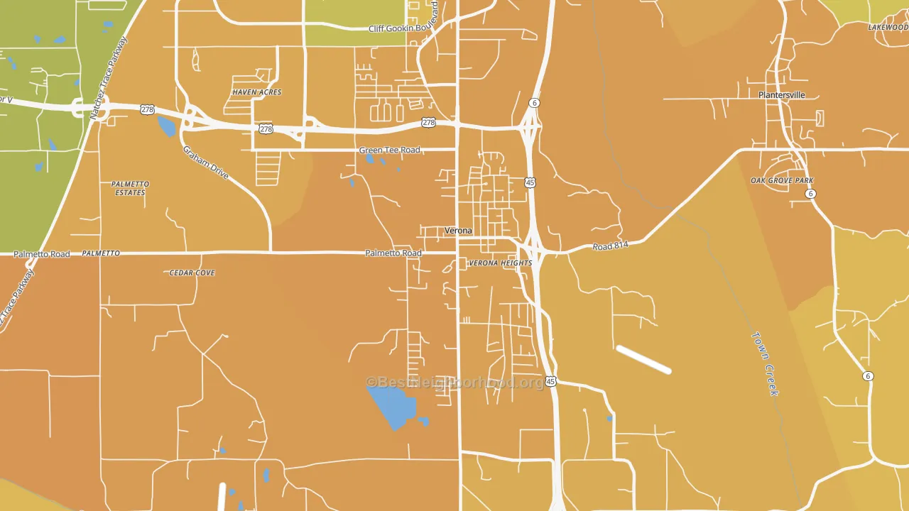 Map of the best neighborhoods in the Verona area, with better matches in green and worse matches in red