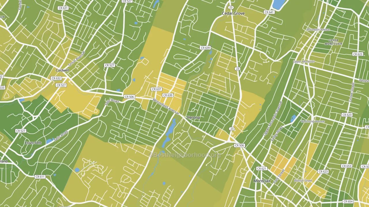Map of the best neighborhoods in the Verona area, with better matches in green and worse matches in red