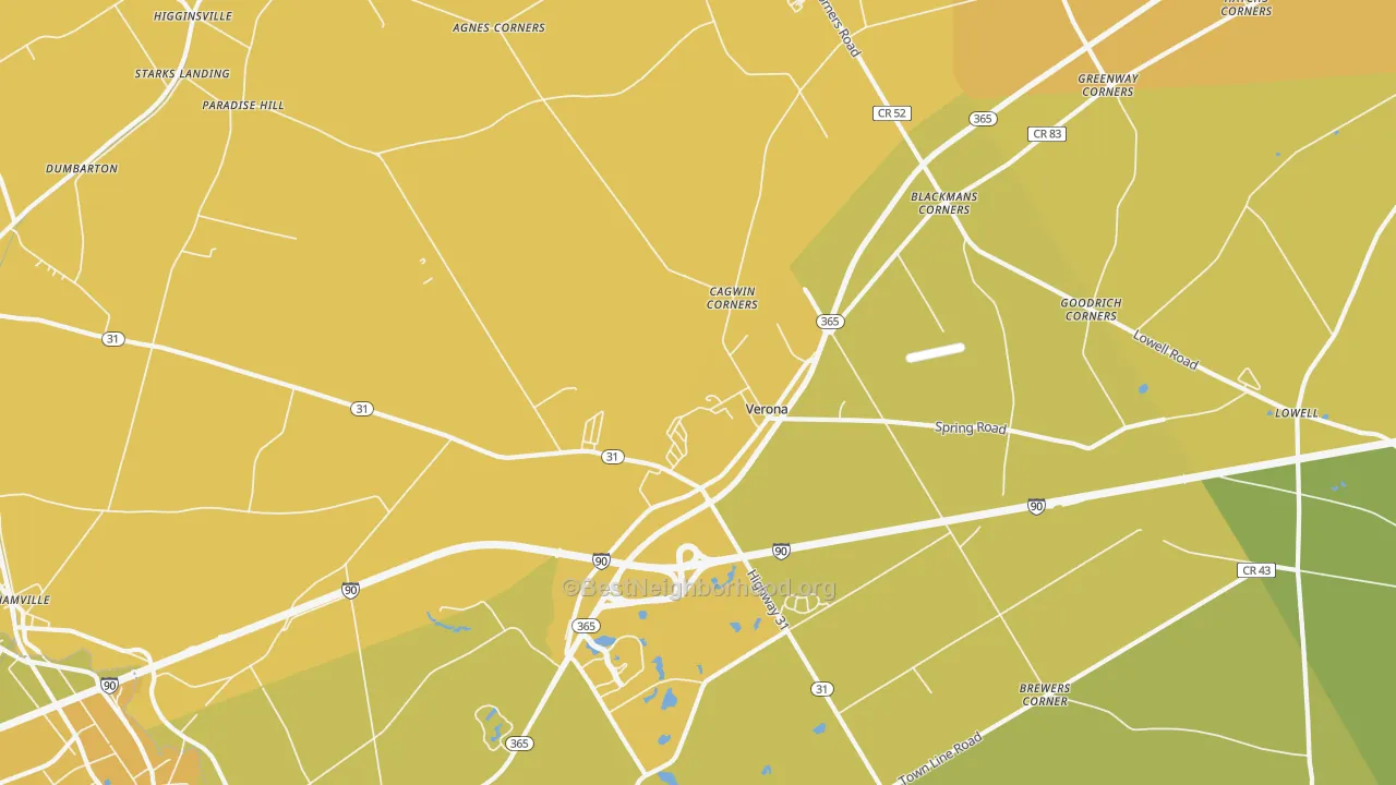 Map of the best neighborhoods in the Verona area, with better matches in green and worse matches in red