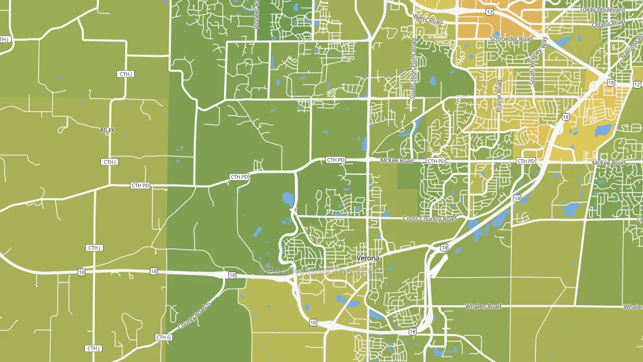 Map of the best neighborhoods in the Verona area, with better matches in green and worse matches in red