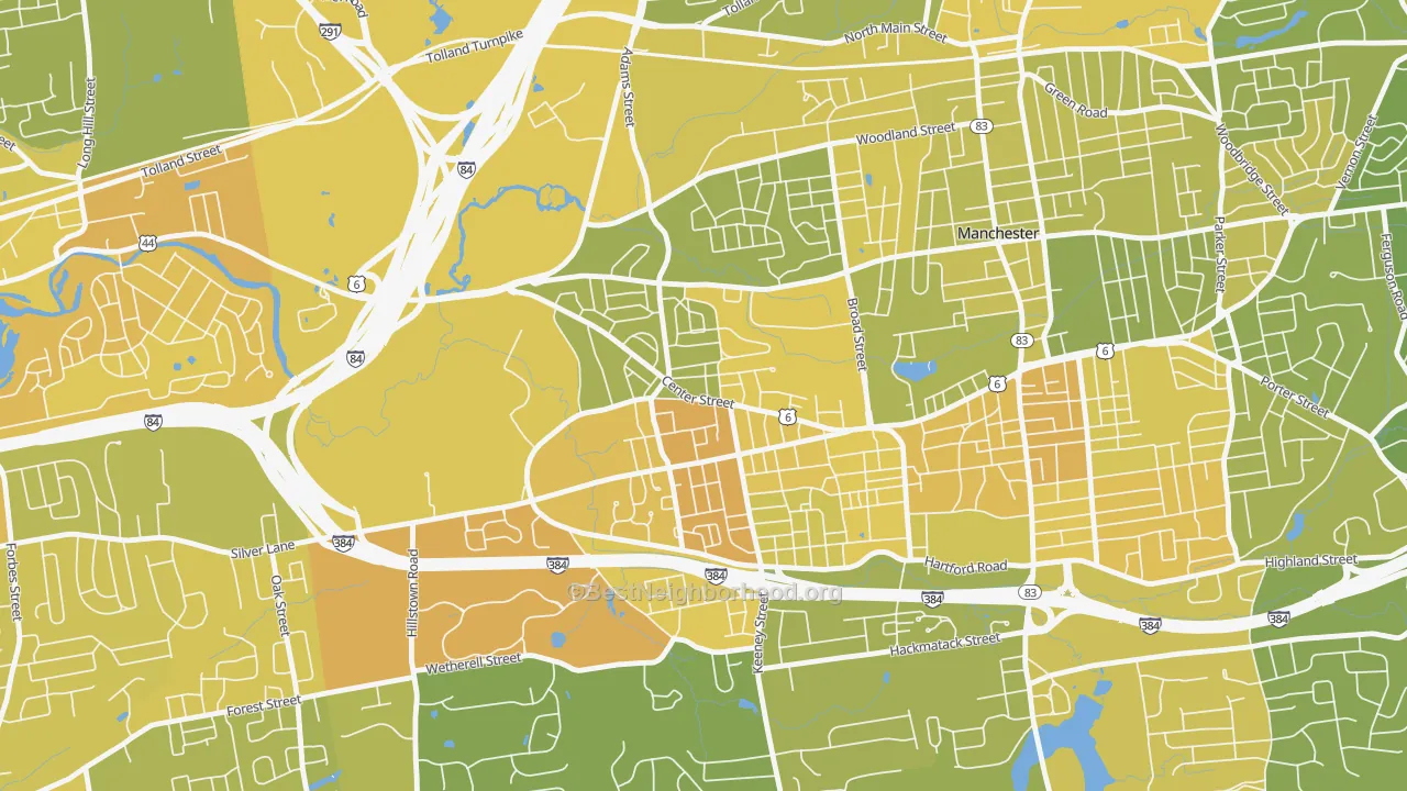 Map of the best neighborhoods in the Verplanck, Manchester area, with better matches in green and worse matches in red