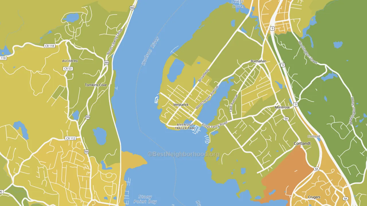 Map of the best neighborhoods in the Verplanck area, with better matches in green and worse matches in red