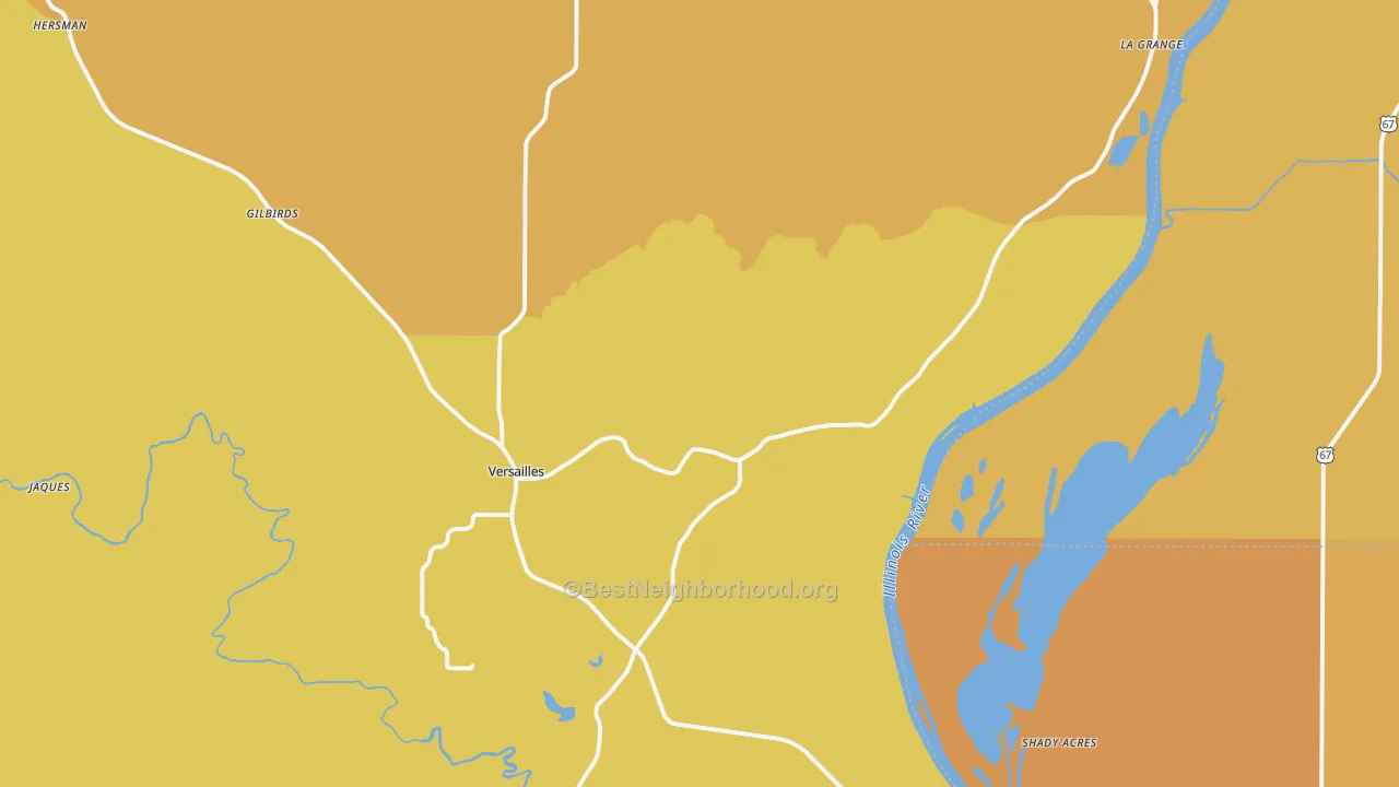 Map of the best neighborhoods in the Versailles area, with better matches in green and worse matches in red