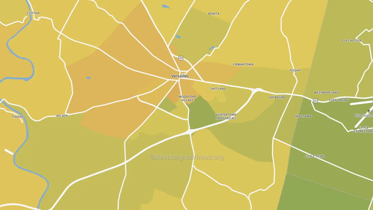 Map of the best neighborhoods in the Versailles area, with better matches in green and worse matches in red