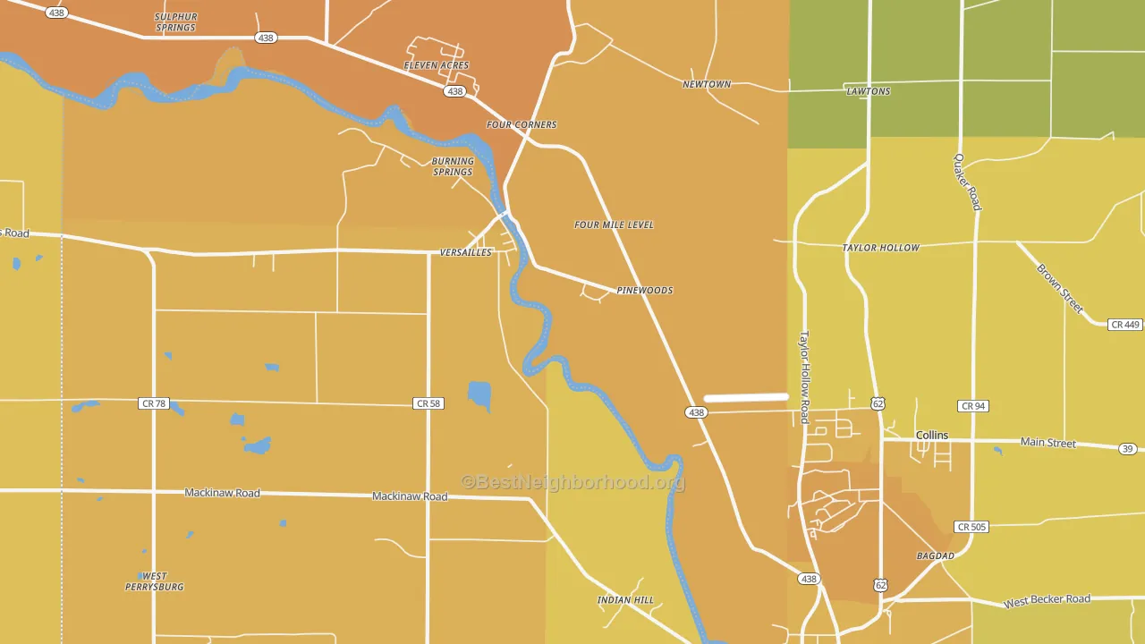 Map of the best neighborhoods in the Versailles area, with better matches in green and worse matches in red