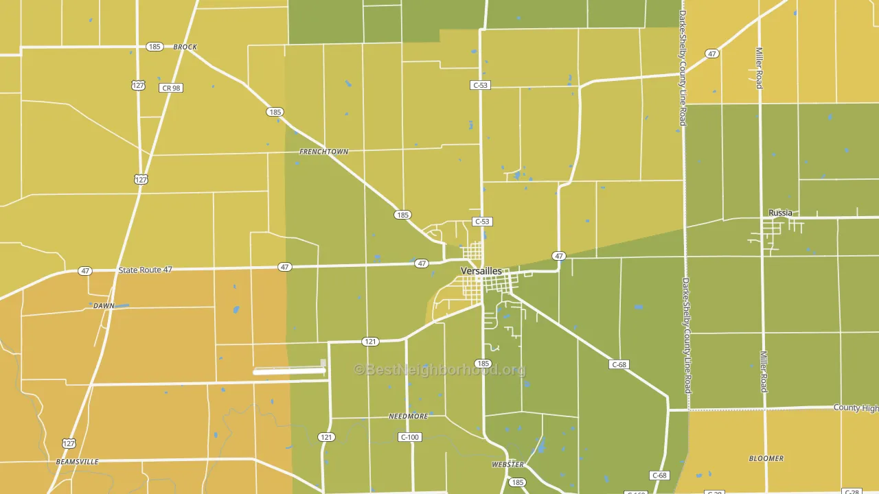Map of the best neighborhoods in the Versailles area, with better matches in green and worse matches in red