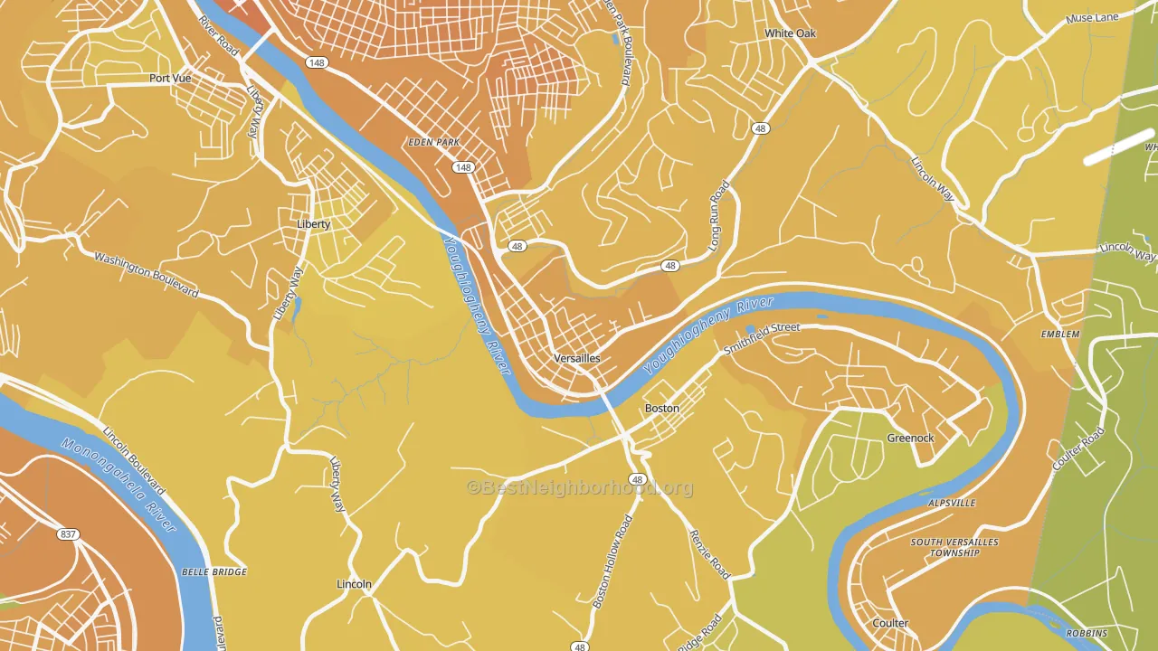 Map of the best neighborhoods in the Versailles area, with better matches in green and worse matches in red
