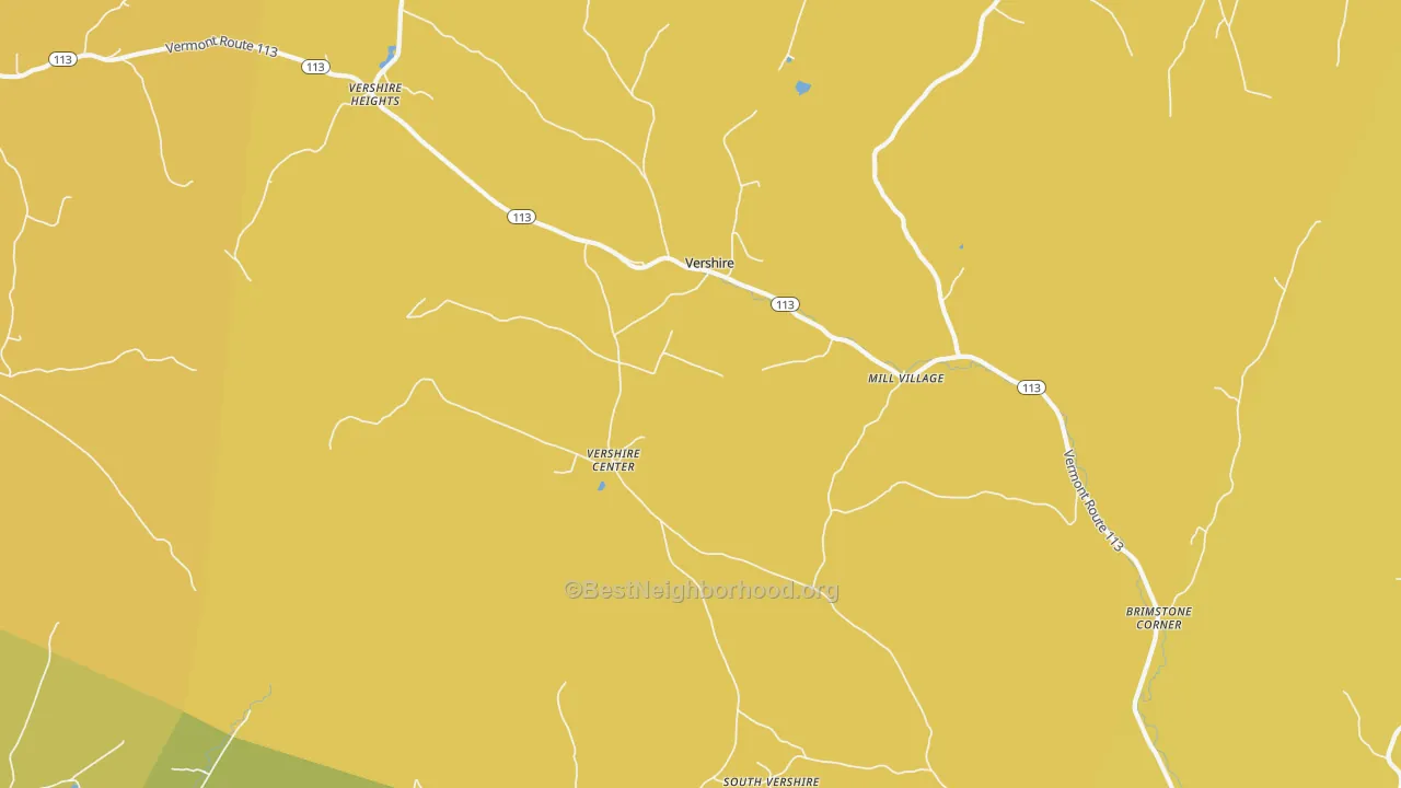 Map of the best neighborhoods in the Vershire area, with better matches in green and worse matches in red