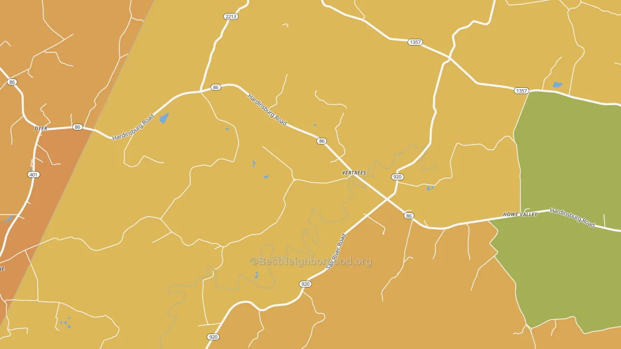 Map of the best neighborhoods in the Vertrees area, with better matches in green and worse matches in red