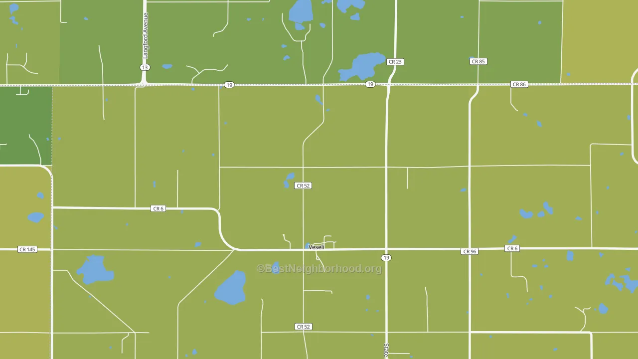 Map of the best neighborhoods in the Veseli area, with better matches in green and worse matches in red