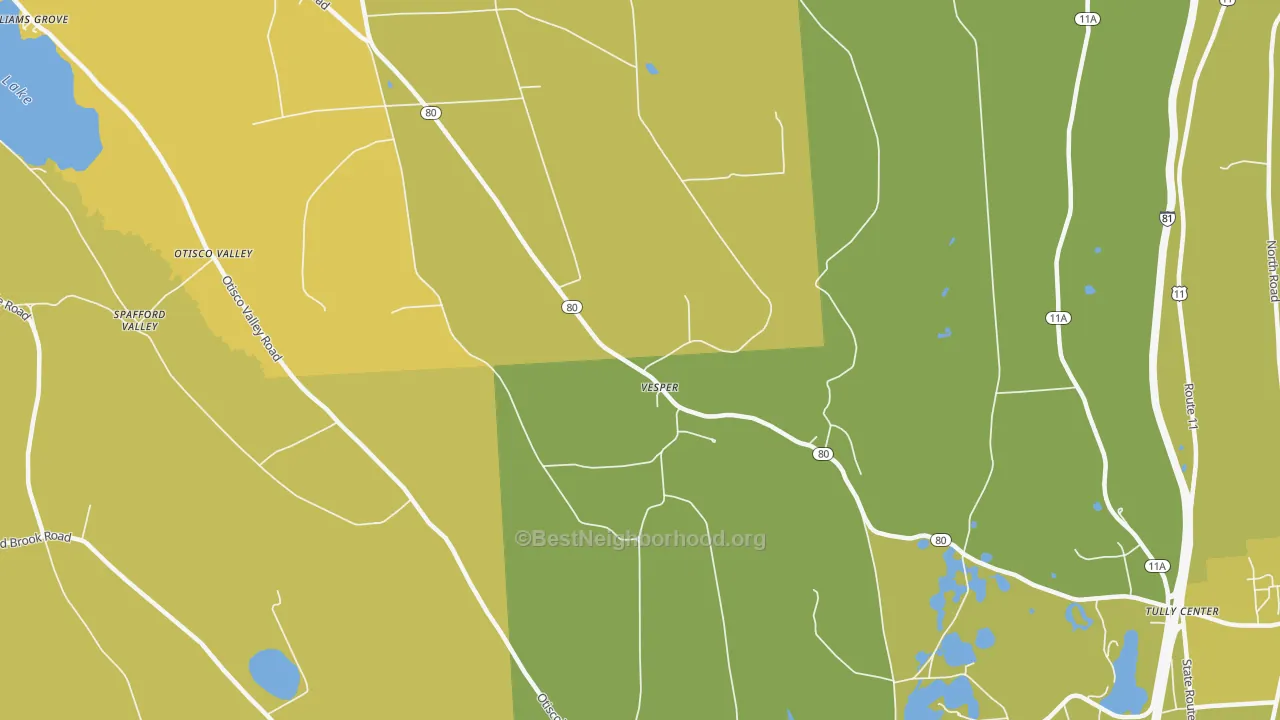 Map of the best neighborhoods in the Vesper area, with better matches in green and worse matches in red
