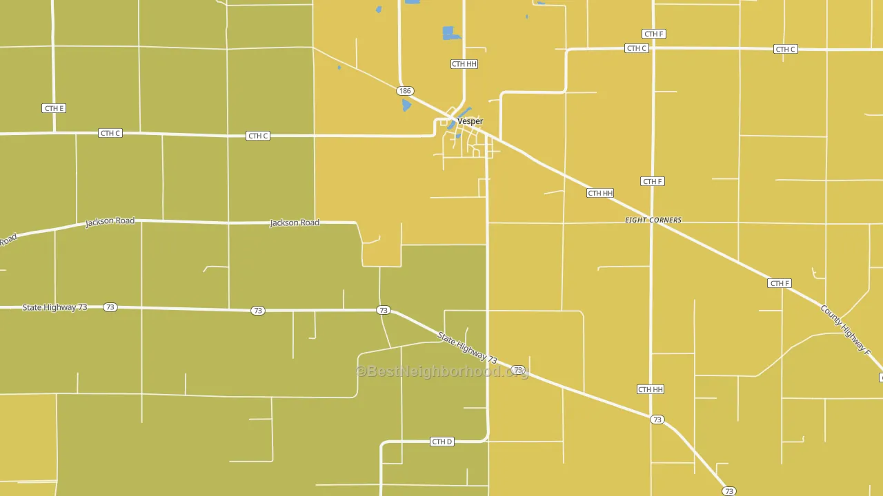 Map of the best neighborhoods in the Vesper area, with better matches in green and worse matches in red