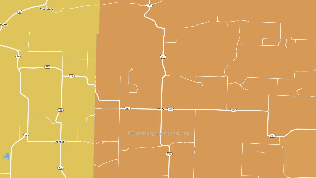 Map of the best neighborhoods in the Vesta area, with better matches in green and worse matches in red