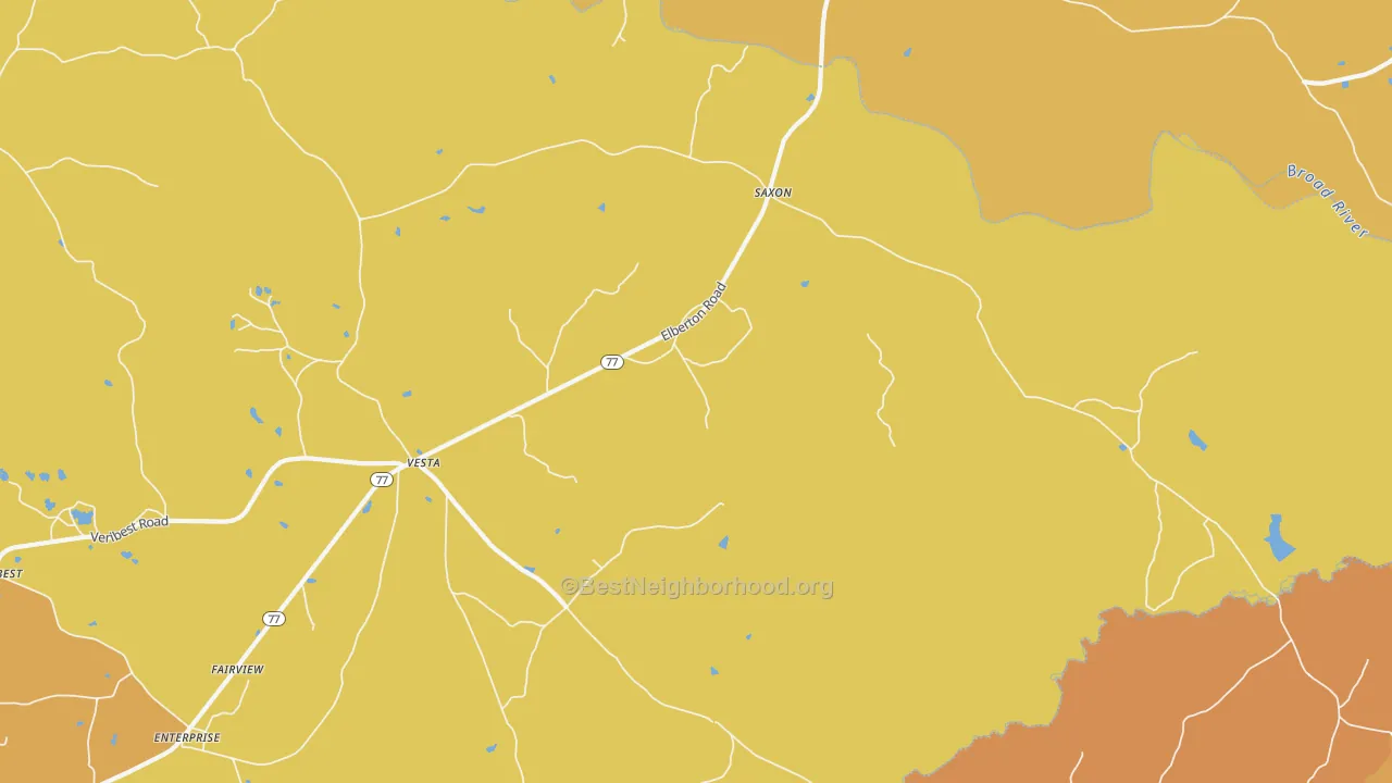 Map of the best neighborhoods in the Vesta area, with better matches in green and worse matches in red