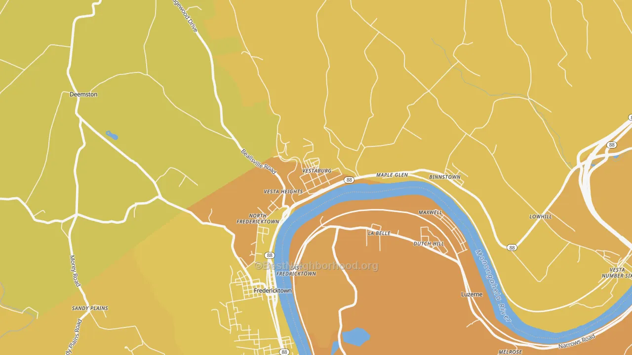Map of the best neighborhoods in the Vestaburg area, with better matches in green and worse matches in red
