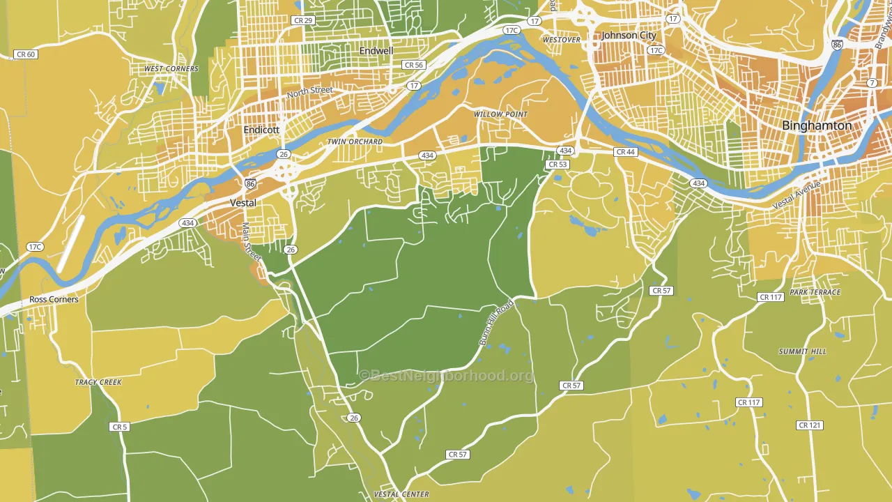 Map of the best neighborhoods in the Vestal area, with better matches in green and worse matches in red