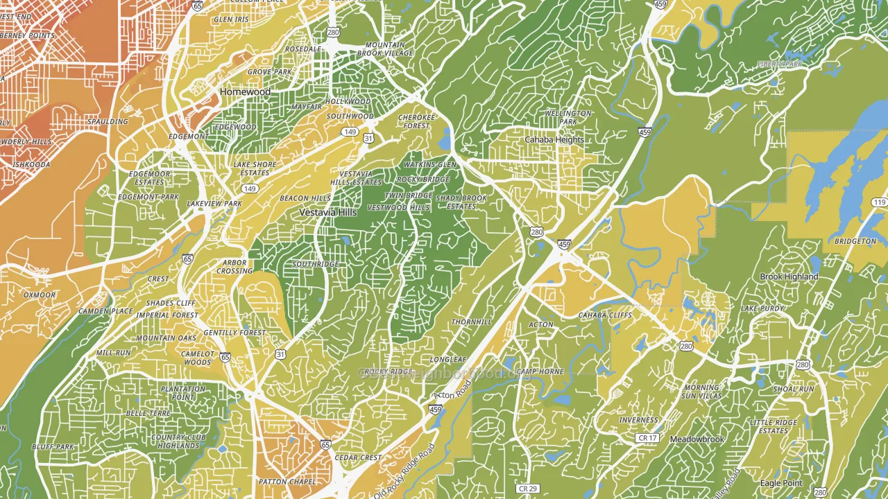 Map of the best neighborhoods in the Vestavia Hills area, with better matches in green and worse matches in red