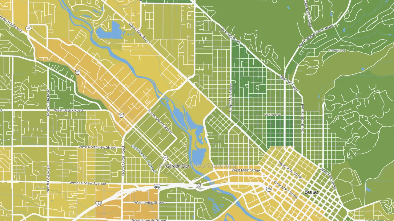 Map of the best neighborhoods in the Veterans Park, Boise area, with better matches in green and worse matches in red