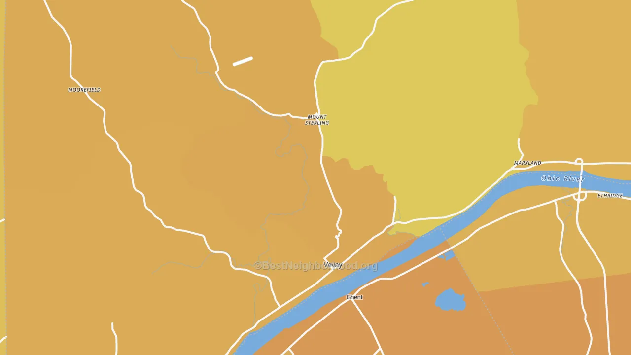 Map of the best neighborhoods in the Vevay area, with better matches in green and worse matches in red