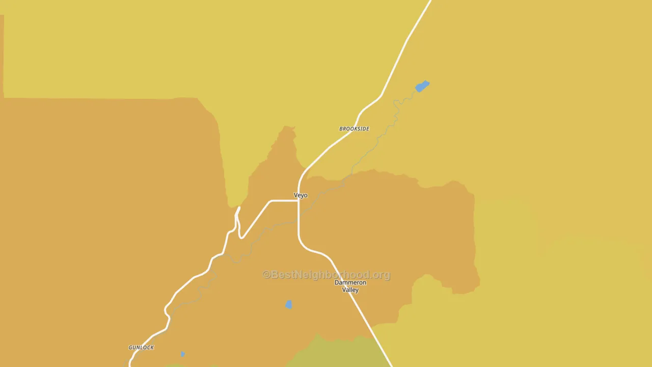 Map of the best neighborhoods in the Veyo area, with better matches in green and worse matches in red