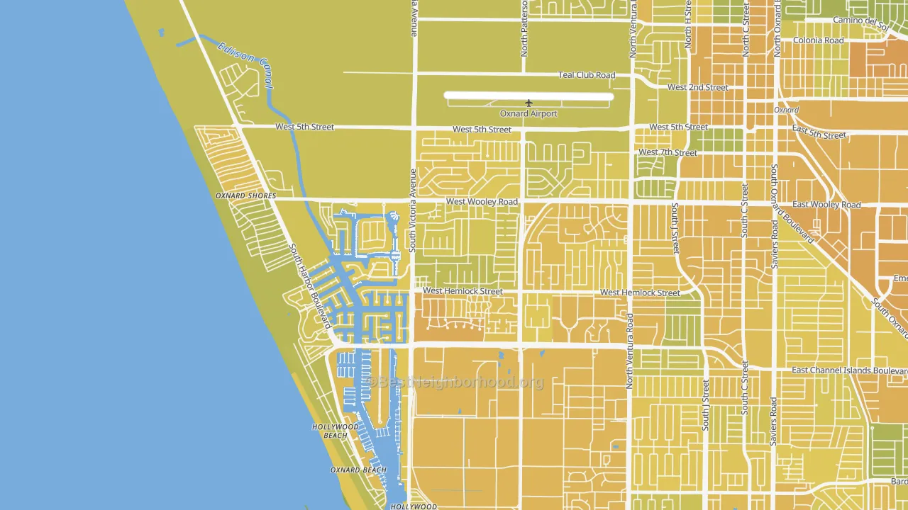 Map of the best neighborhoods in the Via Marina, Oxnard area, with better matches in green and worse matches in red