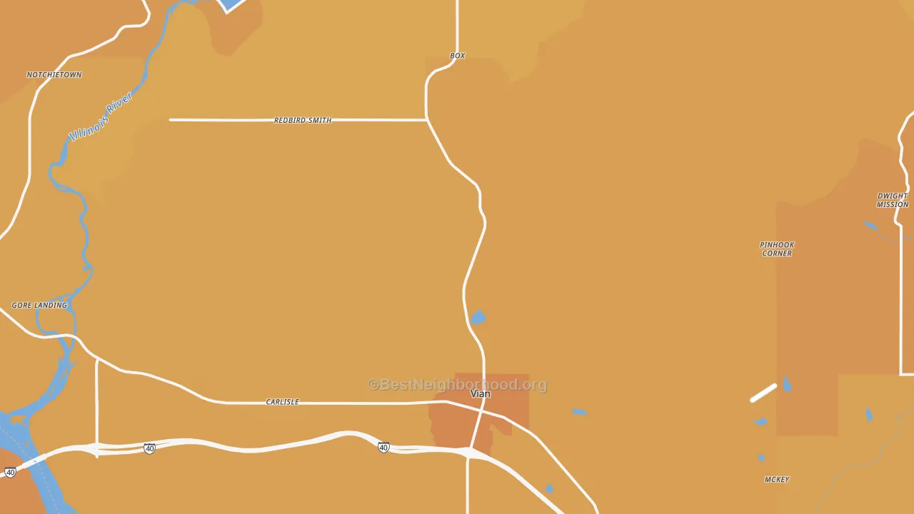 Map of the best neighborhoods in the Vian area, with better matches in green and worse matches in red