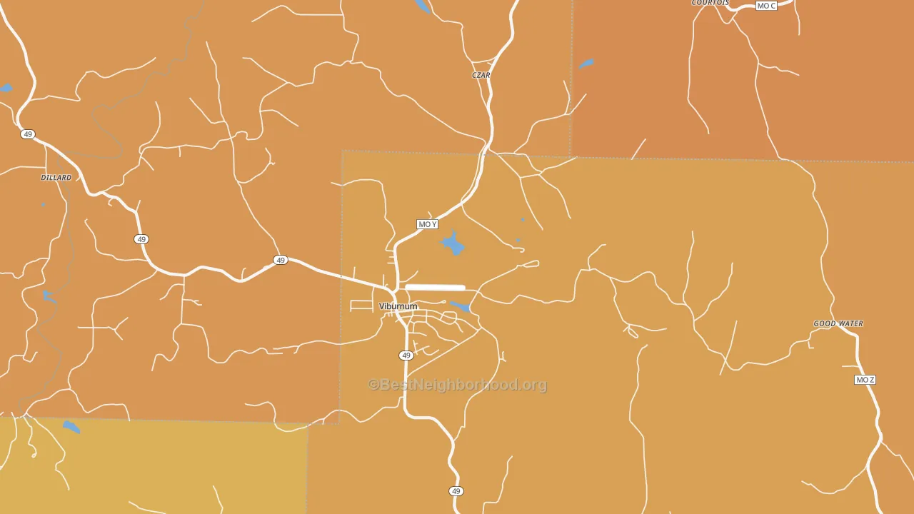 Map of the best neighborhoods in the Viburnum area, with better matches in green and worse matches in red