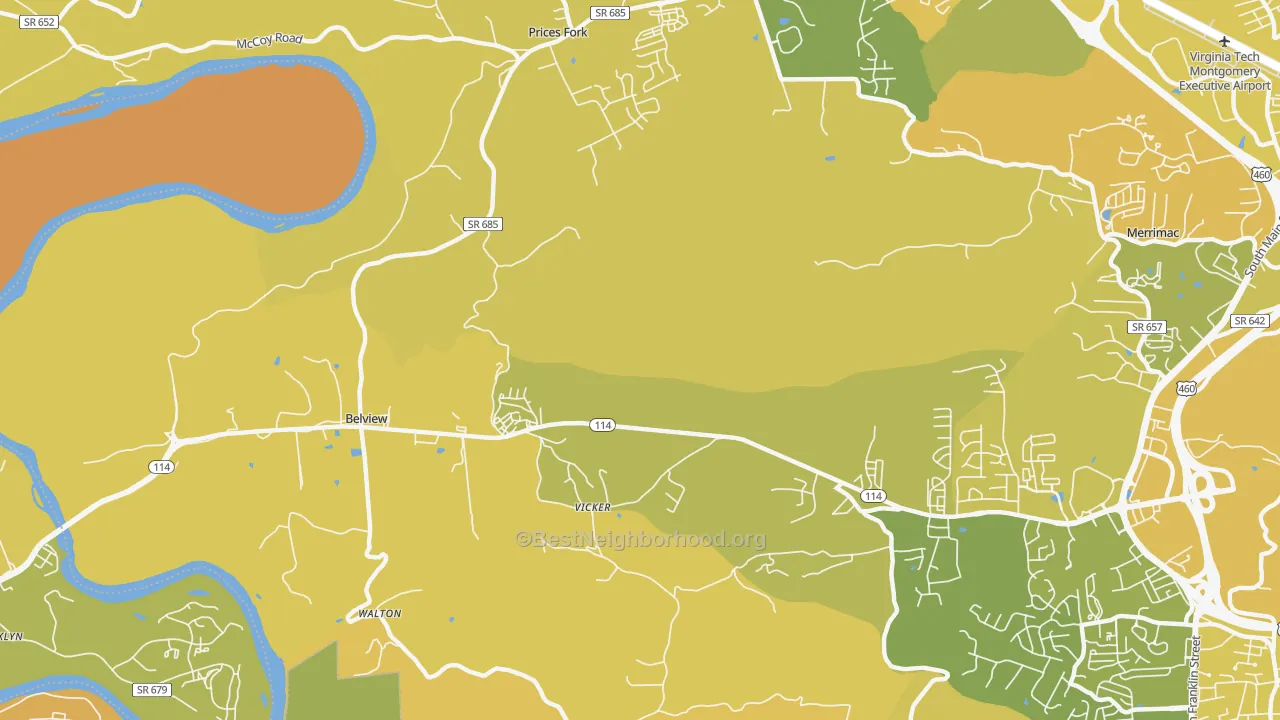 Map of the best neighborhoods in the Vicker area, with better matches in green and worse matches in red