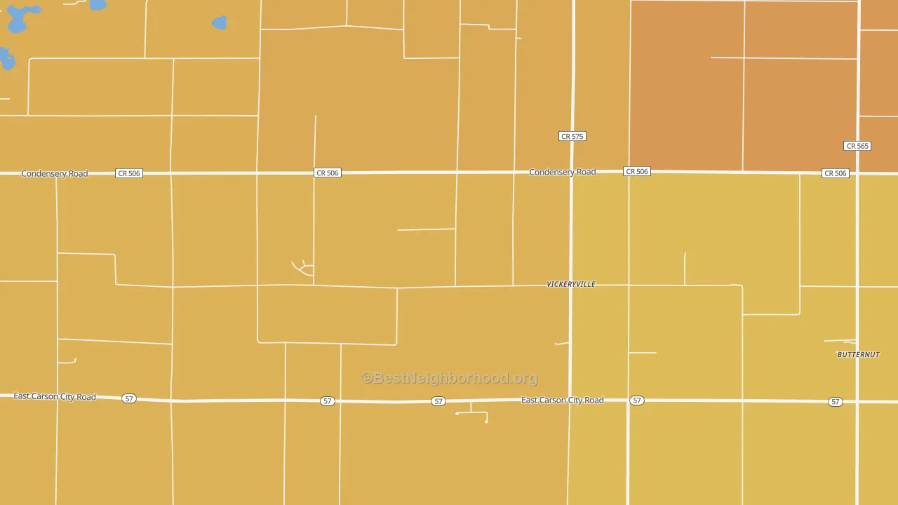 Map of the best neighborhoods in the Vickeryville area, with better matches in green and worse matches in red